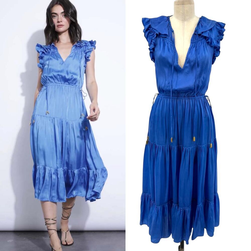 Karina Grimaldi Sabrina Maxi Dress Tiered Short Sleeve Silk Blend‎ Blue Size XS